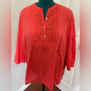 Ruby Rd. XL 100% Linen Top Melon Crocheted Front 3/4 Sleeves Cool Comfortable